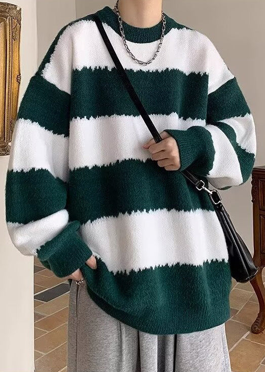 Green Striped Cozy Patchwork Knit Winter Sweaters O Neck