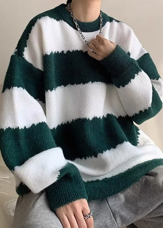Green Striped Cozy Patchwork Knit Winter Sweaters O Neck