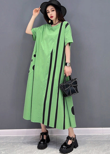 Green Striped Patchwork Cotton Vacation Dresses O-neck Oversized Short Sleeve