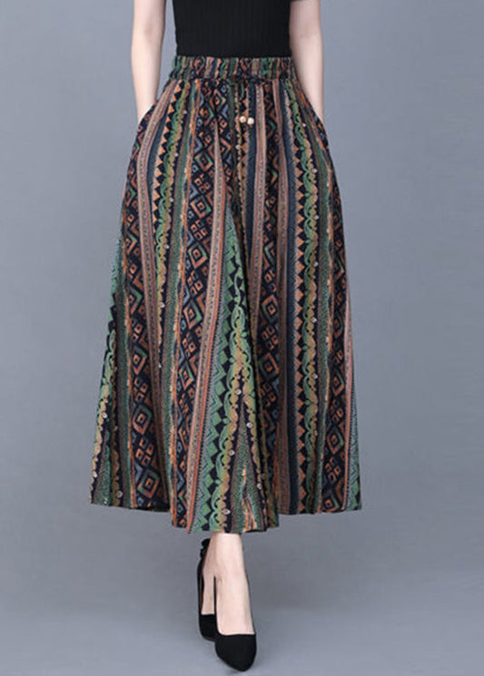 Green Striped Pockets Print Satin Skirt Summer