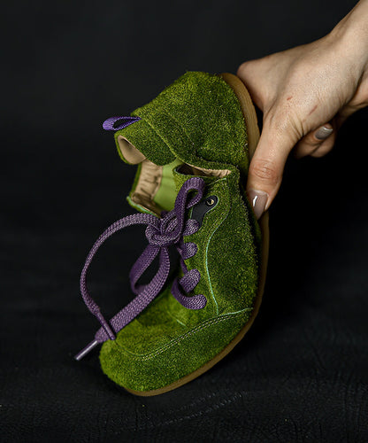 Green Suede Splicing Flats Lace Up