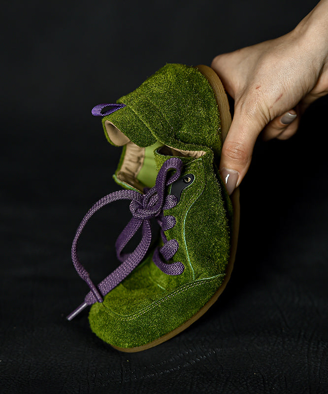 Green Suede Splicing Flats Lace Up