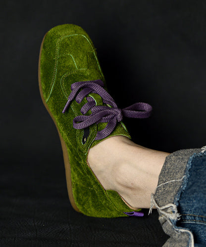 Green Suede Splicing Flats Lace Up