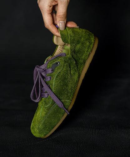 Green Suede Splicing Flats Lace Up