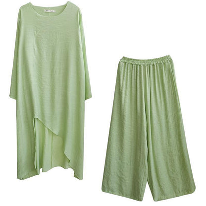 Green Suit Spring Long Top Wide Leg Pants Two Pieces