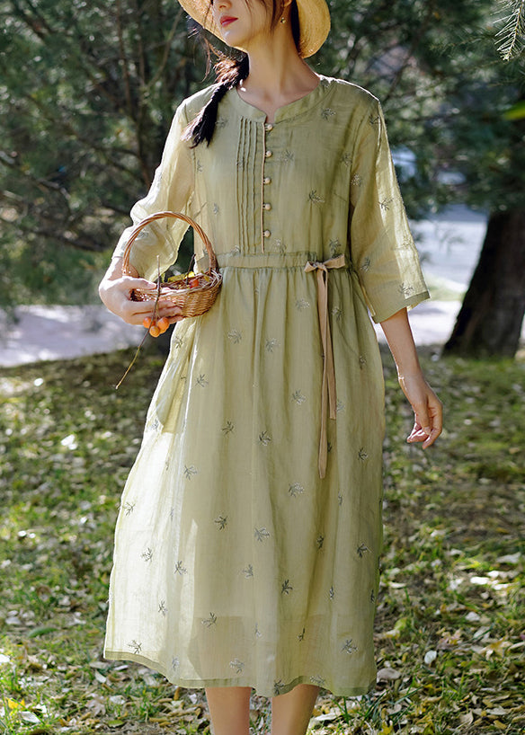Green Tie Waist Linen Dresses O-neck Bracelet Sleeve