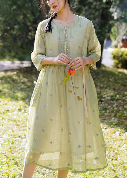 Green Tie Waist Linen Dresses O-neck Bracelet Sleeve