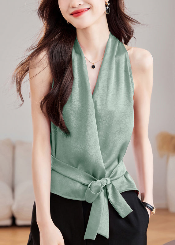 Green Tie Waist Silk Tank V Neck Summer