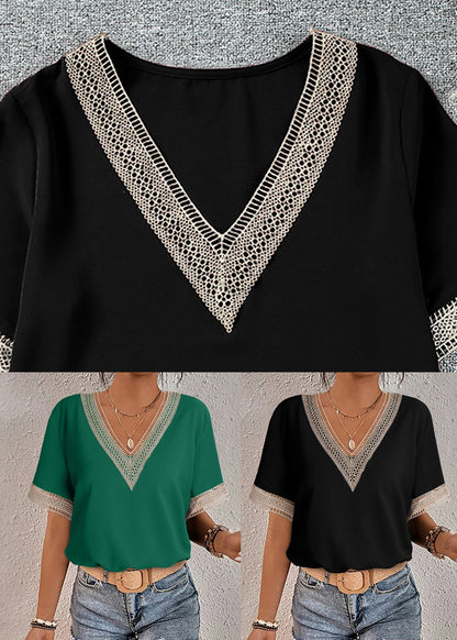 Green Tops V Neck Hollow Out Short Sleeve