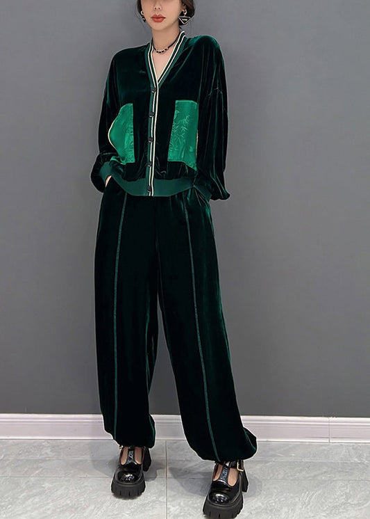 Green V Neck Print Coats and Pants Two Pieces Set Fall