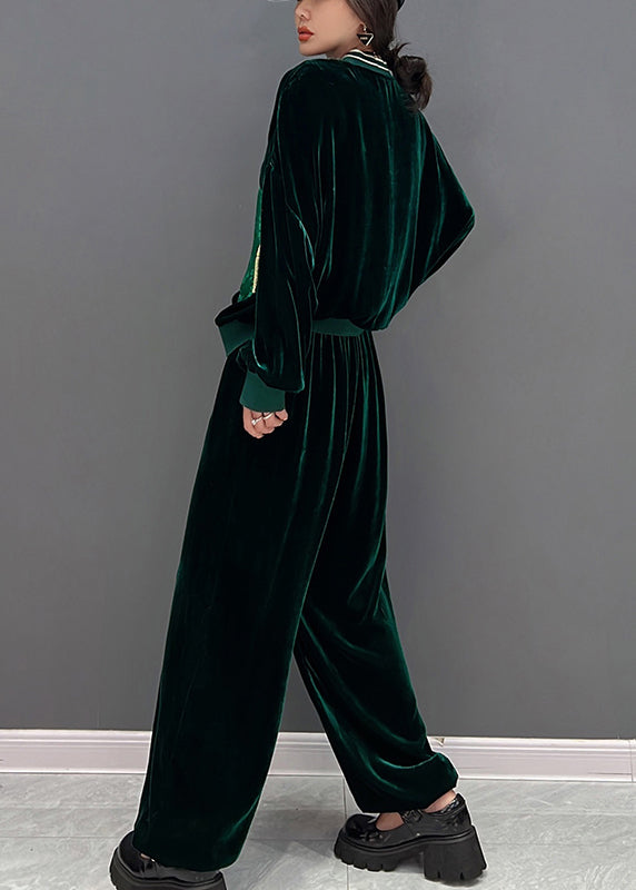 Green V Neck Print Coats and Pants Two Pieces Set Fall