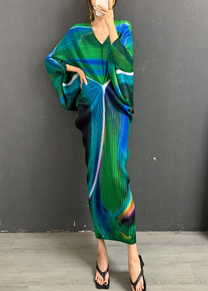 Green V Neck Print Wrinkled Silk Dresses Long Sleeve