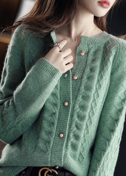 Green Warm Wool Cable Knit Cardigans O-neck Pearl Button Winter