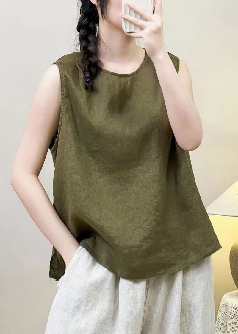 Green Wear on Both Sides Linen Shirt O Neck Summer