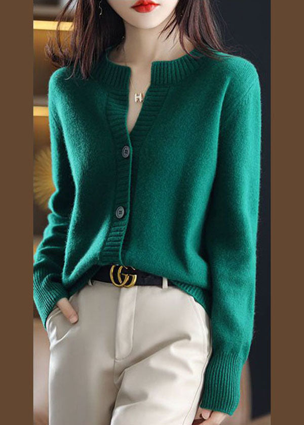 Green Woolen Knit Coats O-neck Button Color Winter