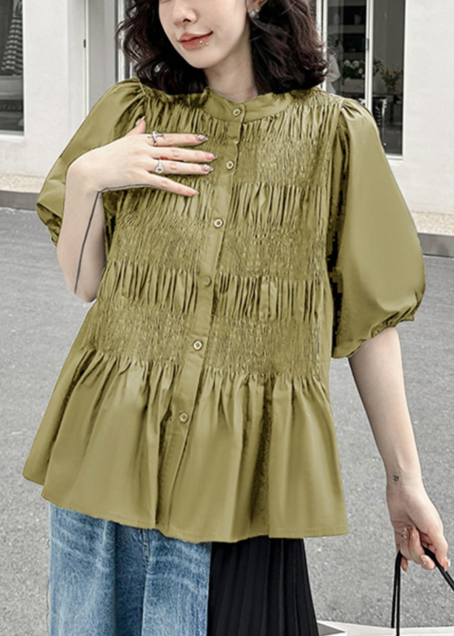 Green Wrinkled Patchwork Cotton Blouse Top O-neck Half Sleeve