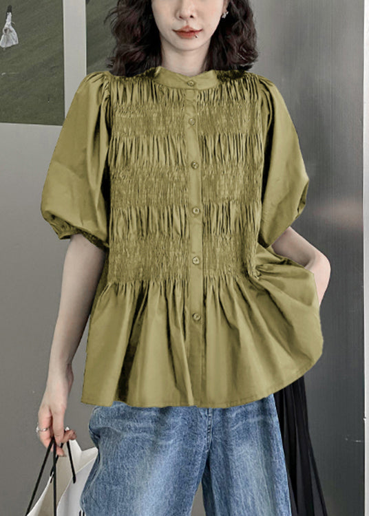 Green Wrinkled Patchwork Cotton Blouse Top O-neck Half Sleeve