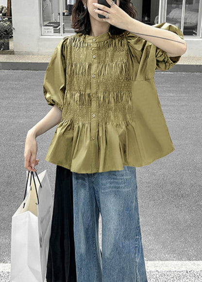 Green Wrinkled Patchwork Cotton Blouse Top O-neck Half Sleeve