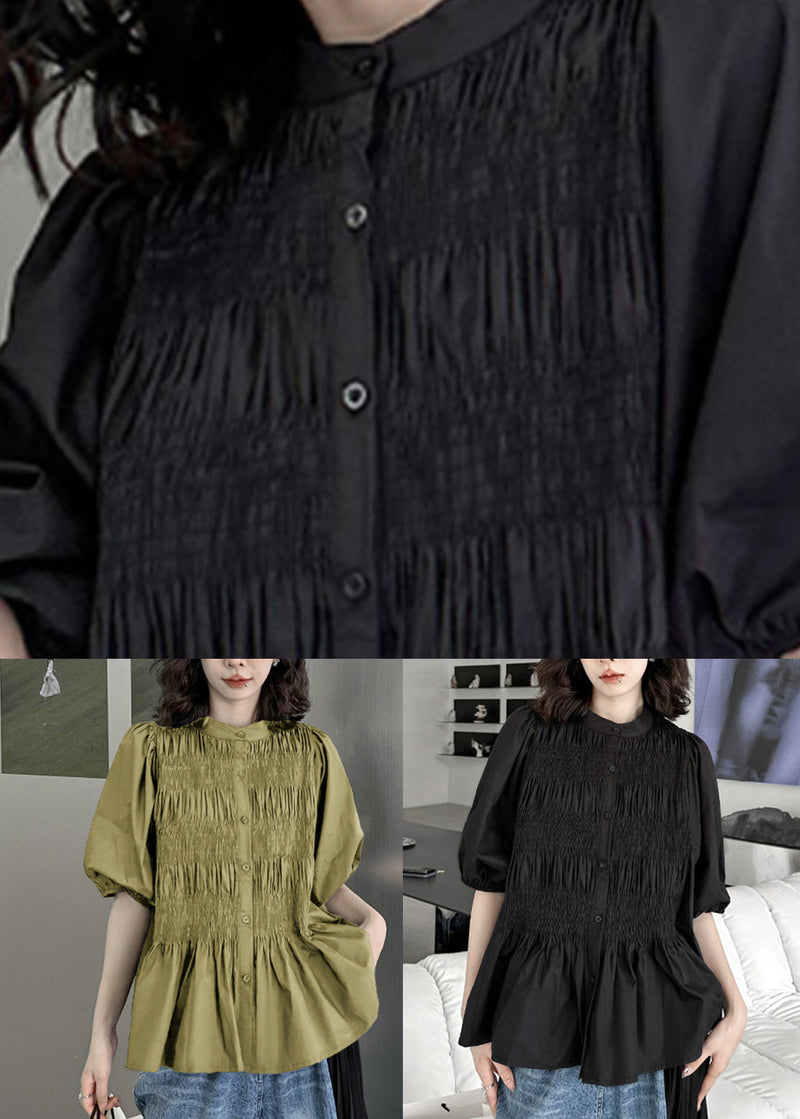 Green Wrinkled Patchwork Cotton Blouse Top O-neck Half Sleeve