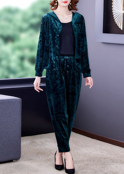 Green Zip Up Silk Velour Coats and Harem Pants Two Pieces Set Long Sleeve