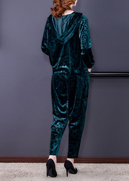 Green Zip Up Silk Velour Coats and Harem Pants Two Pieces Set Long Sleeve