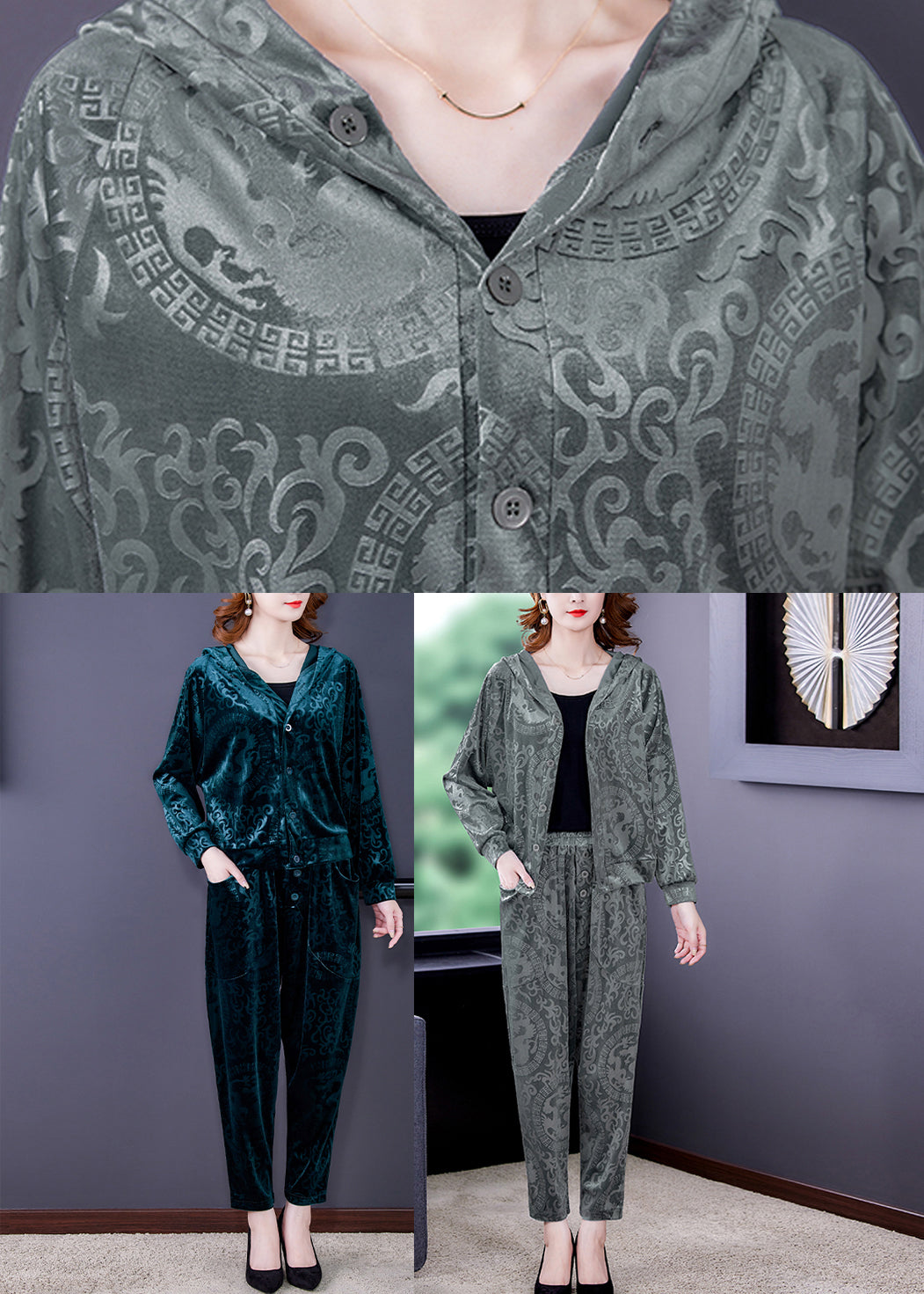 Green Zip Up Silk Velour Coats and Harem Pants Two Pieces Set Long Sleeve