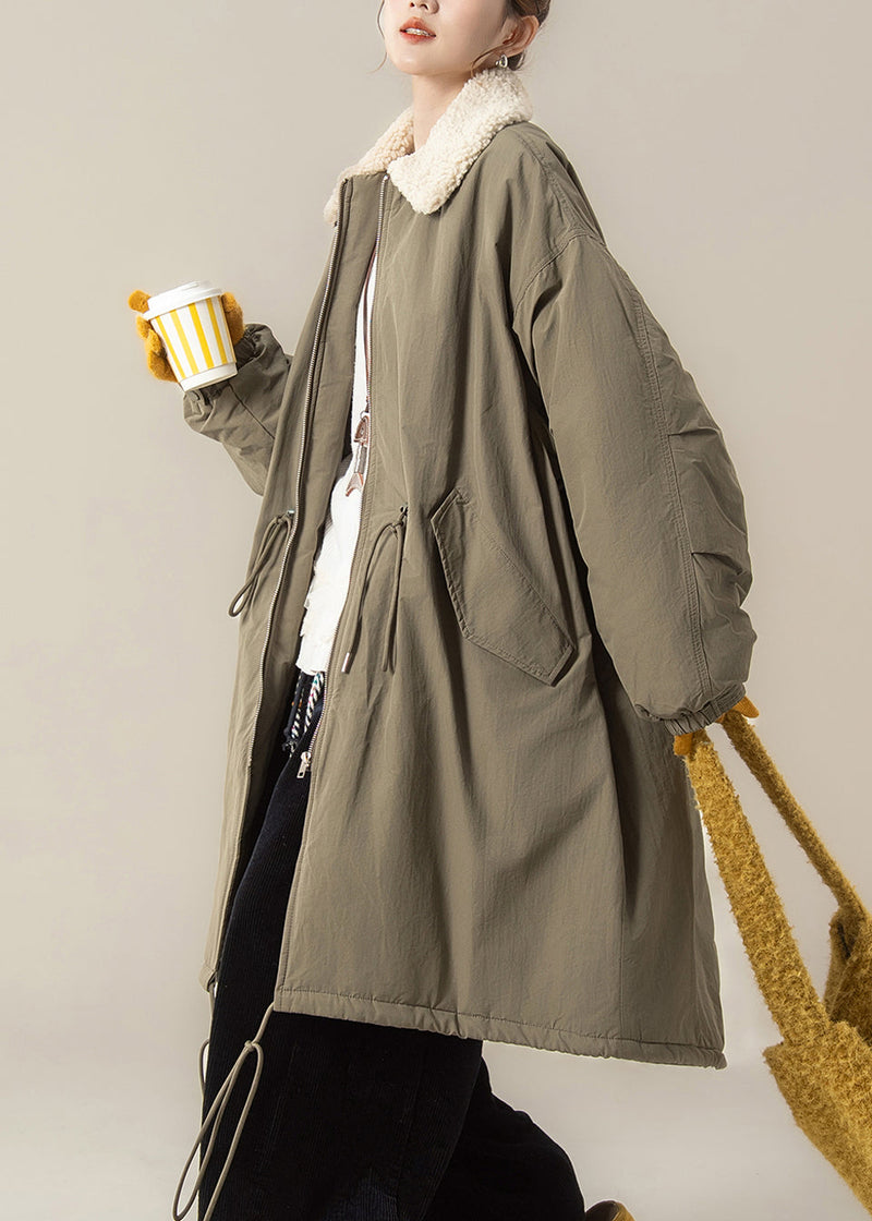 Green Zippered Drawstring Maxi Parkas Lantern Sleeve