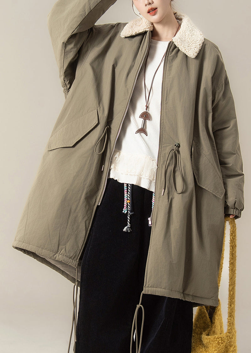 Green Zippered Drawstring Maxi Parkas Lantern Sleeve