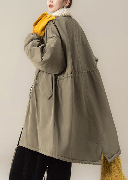 Green Zippered Drawstring Maxi Parkas Lantern Sleeve