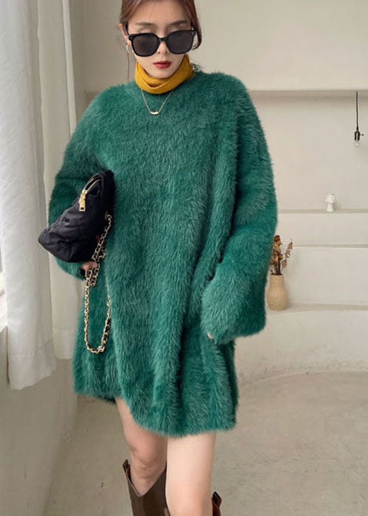 Green Cozy Mink Hair Knitted Sweater Dress V Neck Winter