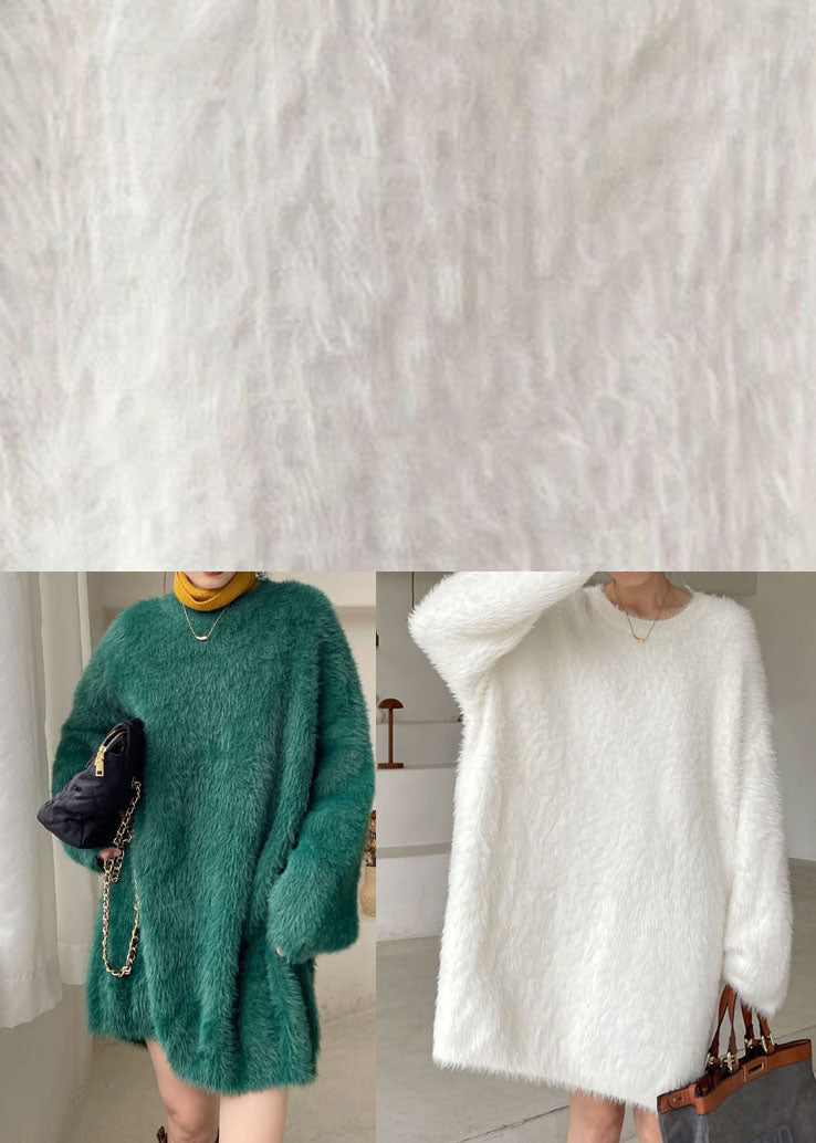 Green Cozy Mink Hair Knitted Sweater Dress V Neck Winter