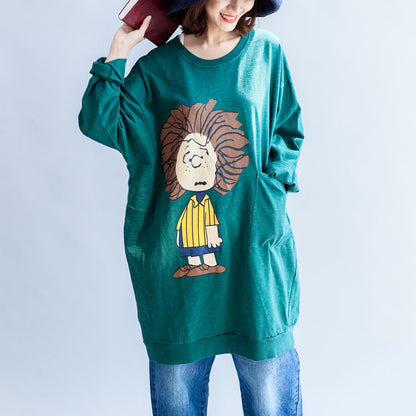 Green Print Oversize Sweat Dresses Cotton Shift Dress Pullover