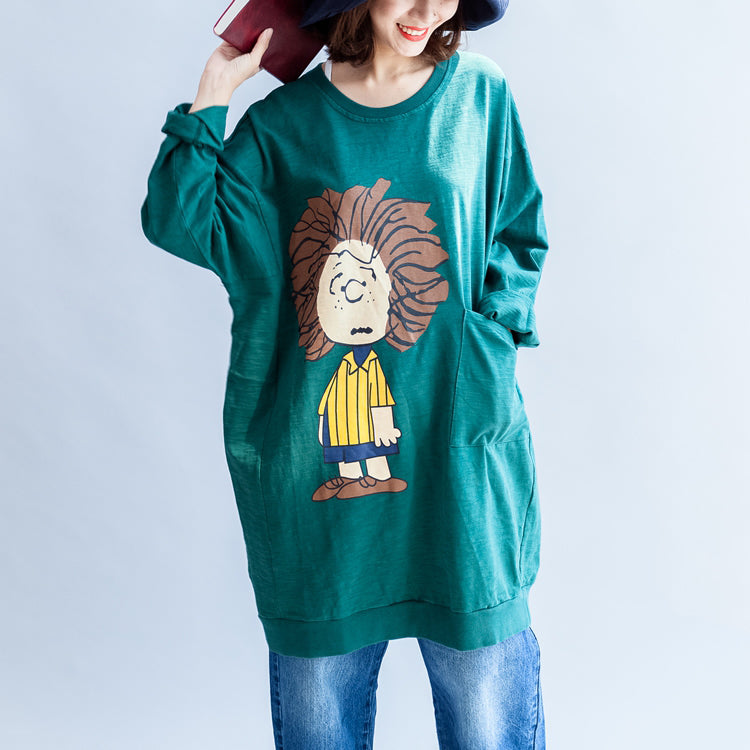 Green Print Oversize Sweat Dresses Cotton Shift Dress Pullover