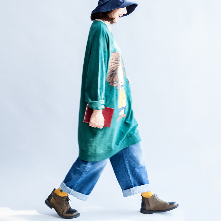 Green Print Oversize Sweat Dresses Cotton Shift Dress Pullover
