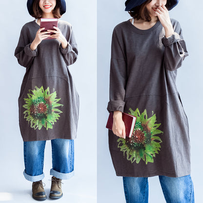 Green Sunflowers Cotton Dresses in Dark Gray Oversize Cotton Pullover Blouses Spring Dress