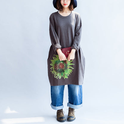 Green Sunflowers Cotton Dresses in Dark Gray Oversize Cotton Pullover Blouses Spring Dress