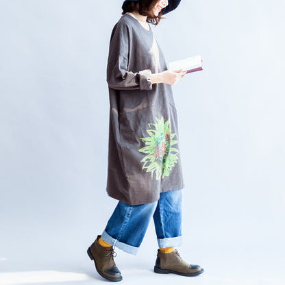 Green Sunflowers Cotton Dresses in Dark Gray Oversize Cotton Pullover Blouses Spring Dress