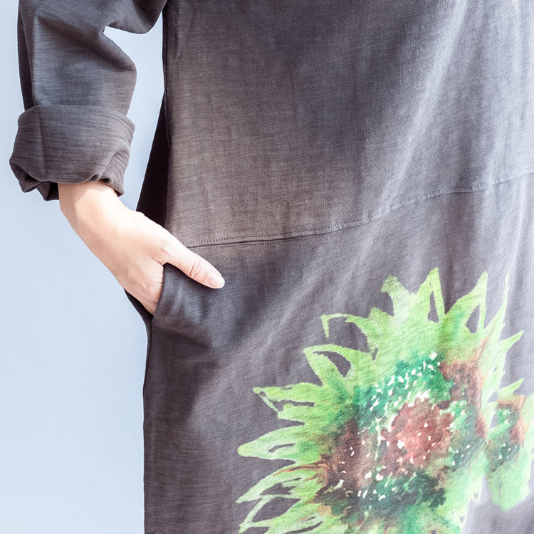 Green Sunflowers Cotton Dresses in Dark Gray Oversize Cotton Pullover Blouses Spring Dress