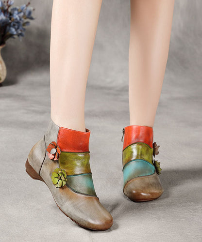 Grey Boots Cowhide Leather Comfortable Splicing