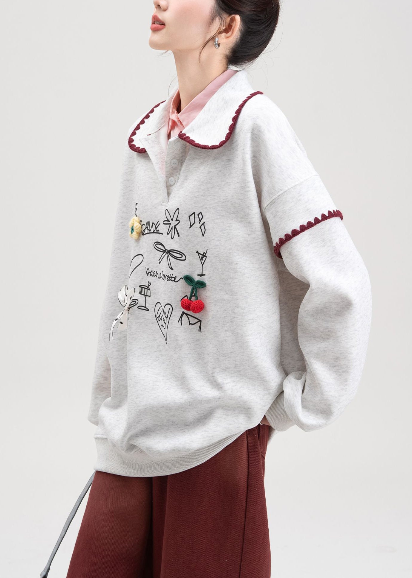 Grey Bow Print Cotton Spring Sweatshirts Peter Pan Collar