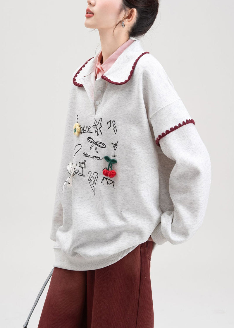 Grey Bow Print Cotton Spring Sweatshirts Peter Pan Collar
