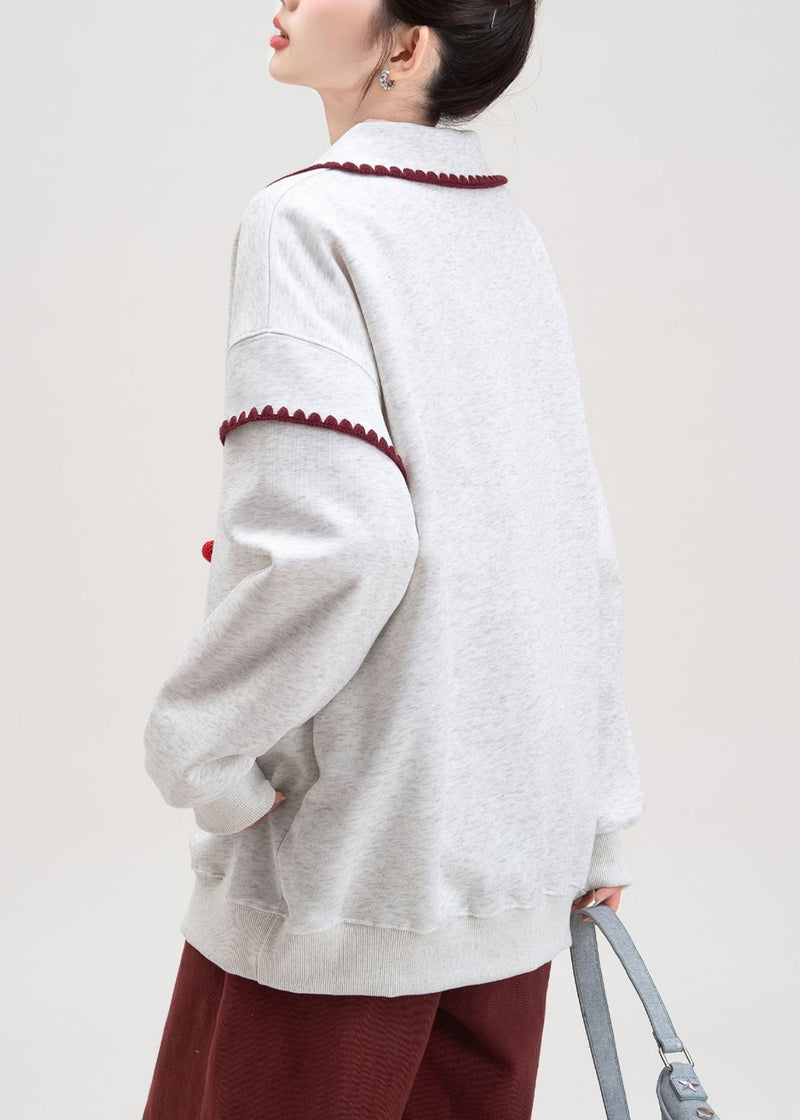 Grey Bow Print Cotton Spring Sweatshirts Peter Pan Collar