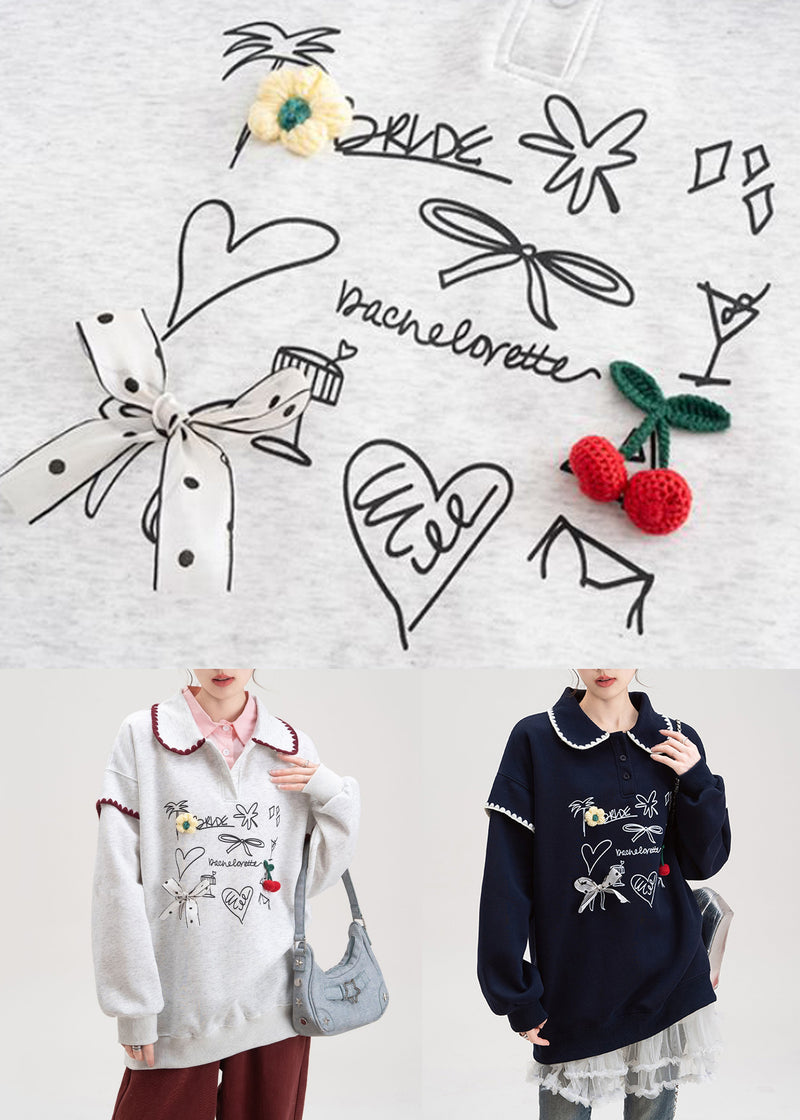Grey Bow Print Cotton Spring Sweatshirts Peter Pan Collar