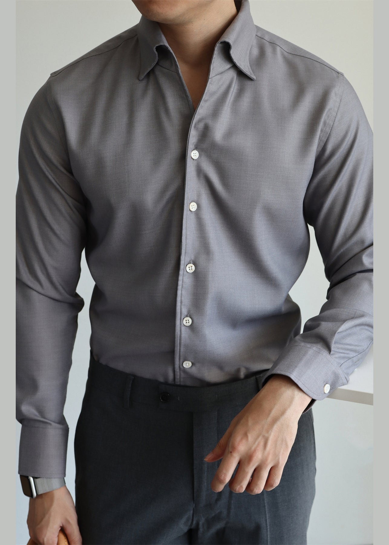 Grey Button Cotton Fall Shirts Men Peter Pan Collar