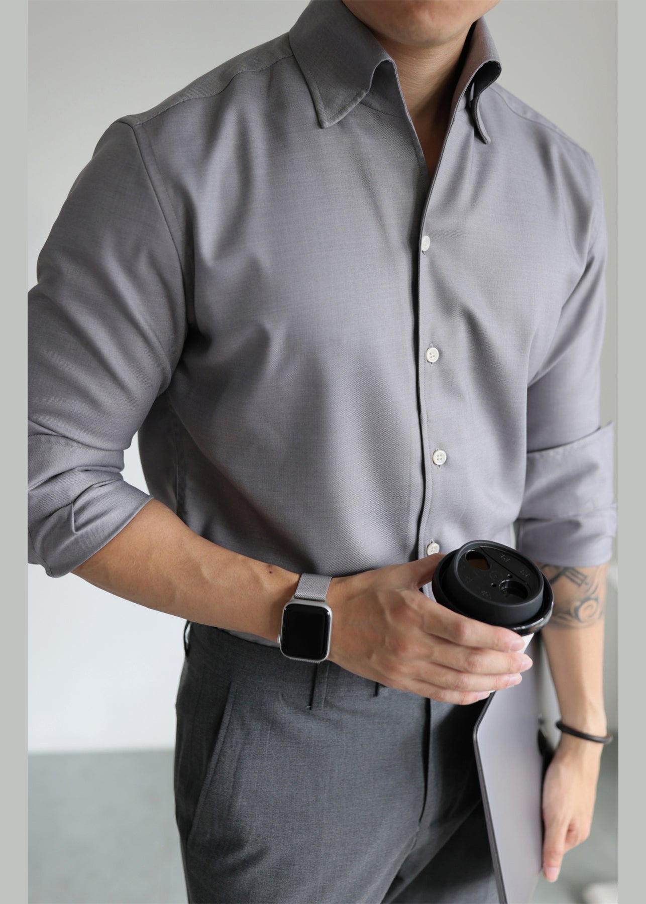 Grey Button Cotton Fall Shirts Men Peter Pan Collar