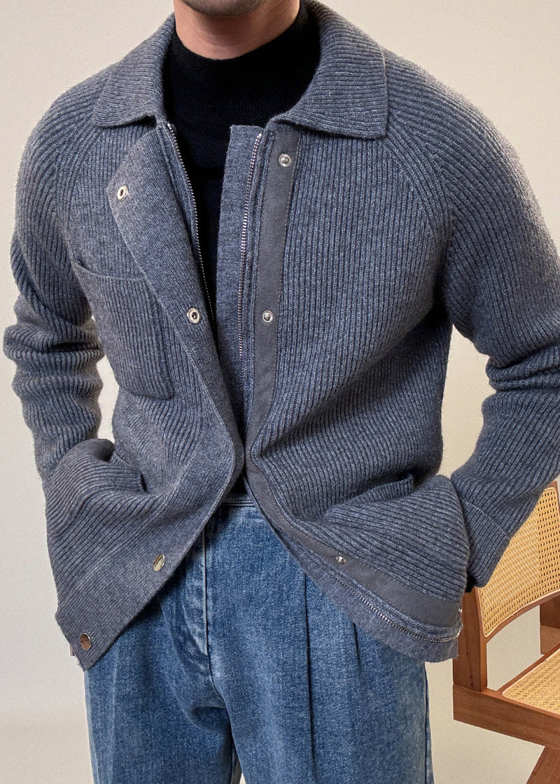 Grey Button Pockets Cozy Cotton Knit Spring Coats Zip Up