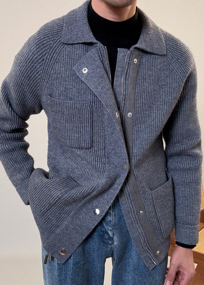 Grey Button Pockets Cozy Cotton Knit Spring Coats Zip Up
