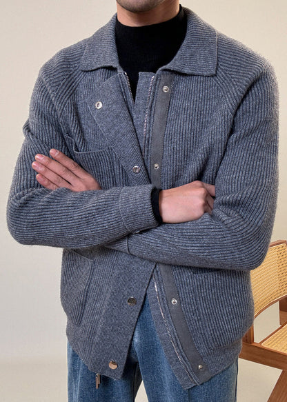 Grey Button Pockets Cozy Cotton Knit Spring Coats Zip Up