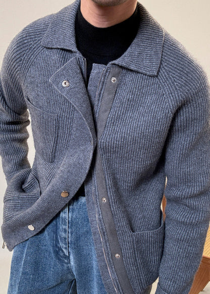 Grey Button Pockets Cozy Cotton Knit Spring Coats Zip Up