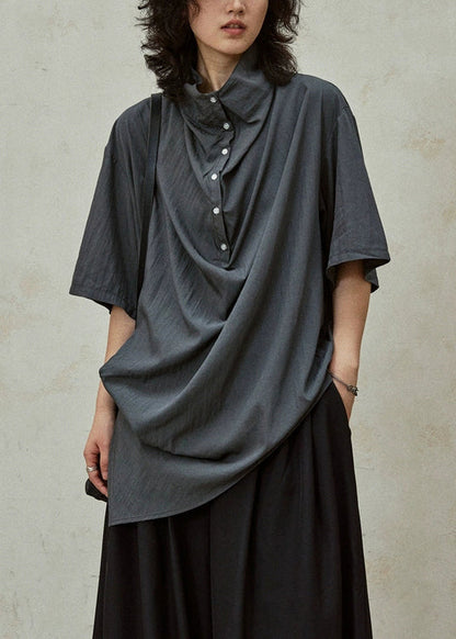 Grey Button Side Open Cotton Blouse Stand Collar Summer